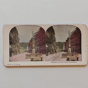 ANTIQUE Stereograph Card Fountain of Justice Berne Switzerland Full Colour